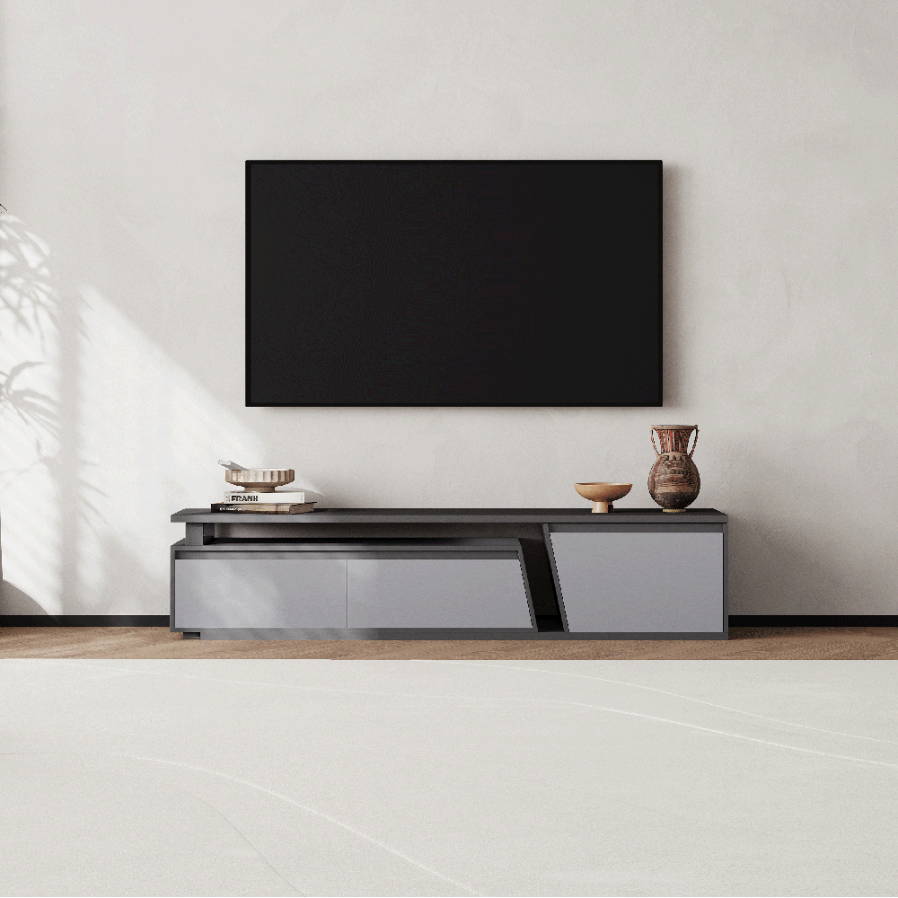 Fero Gray Reversible Extendable TV Stand with 3 Drawers(71"-120") window image