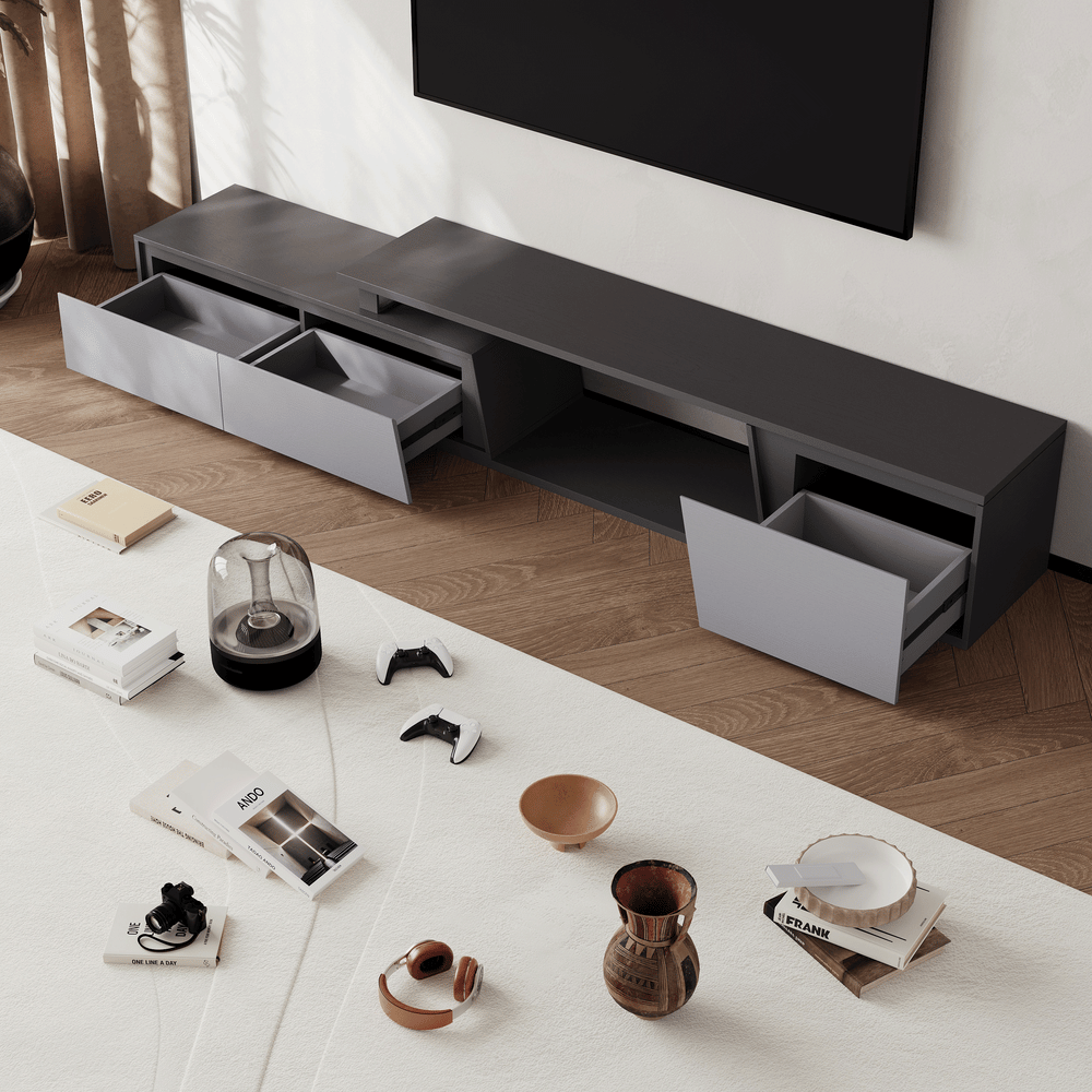 Fero Gray Reversible Extendable TV Stand with 3 Drawers(71"-120") window image