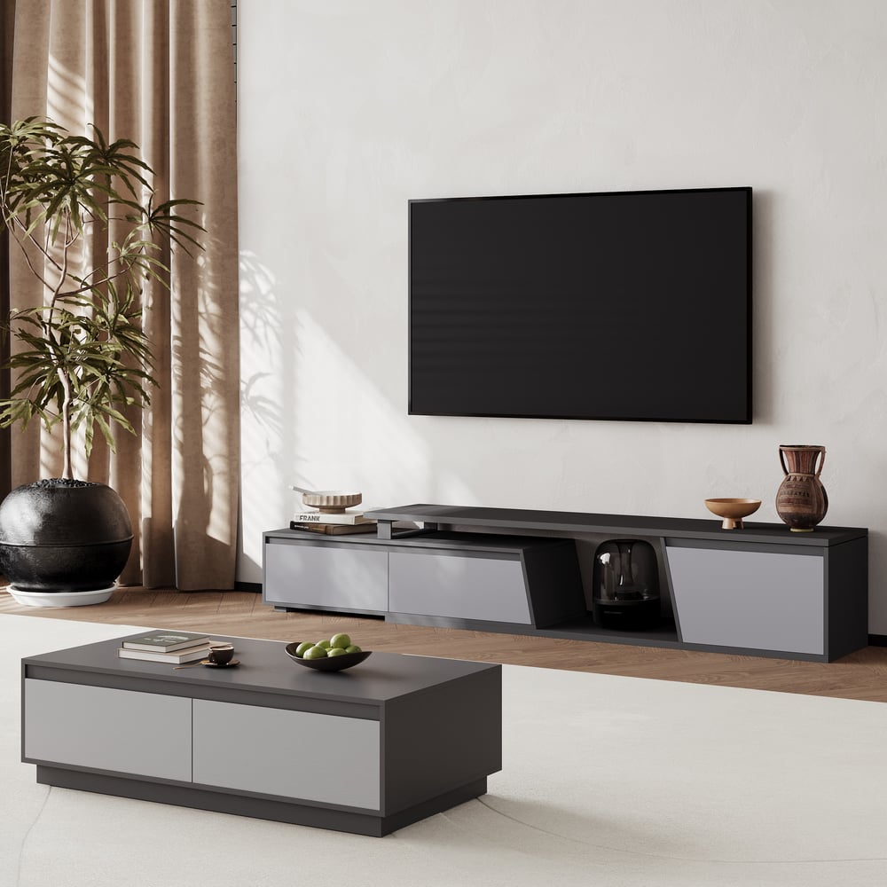 Fero Gray Reversible Extendable TV Stand with 3 Drawers(71"-120") window image
