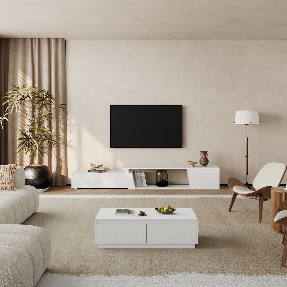 Fero White Reversible Extendable TV Stand with 3 Drawers(71"-120") window image