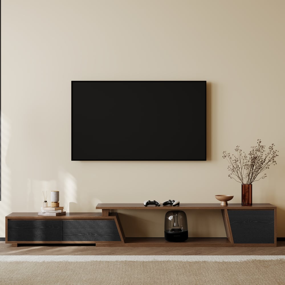 Fero Black & Walnut Extendable TV Stand with 3 Drawers(71"-120") window image