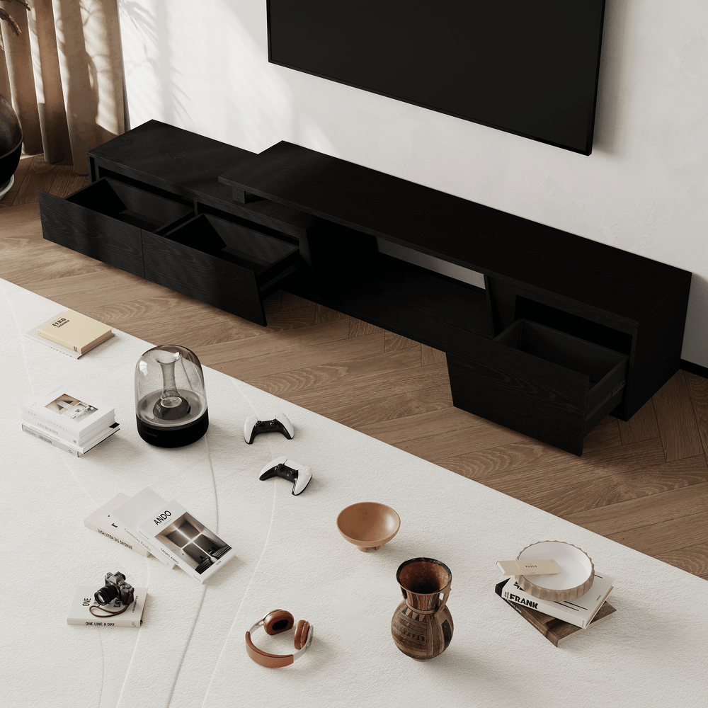 Fero Black Reversible Extendable TV Stand with 3 Drawers(71"-120") window image
