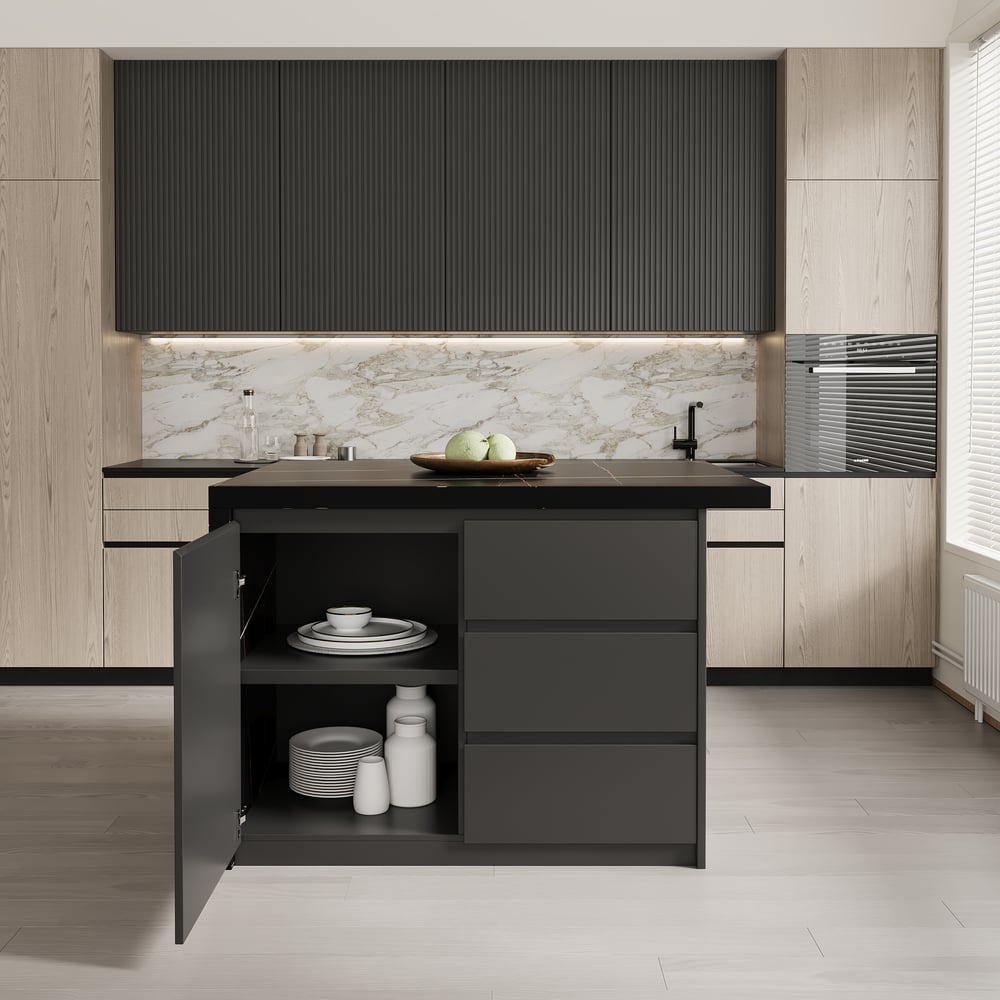 Grande isola da cucina nera da 1270 mm con ripostiglio, piano impiallacciato in marmo Immagine della finestra