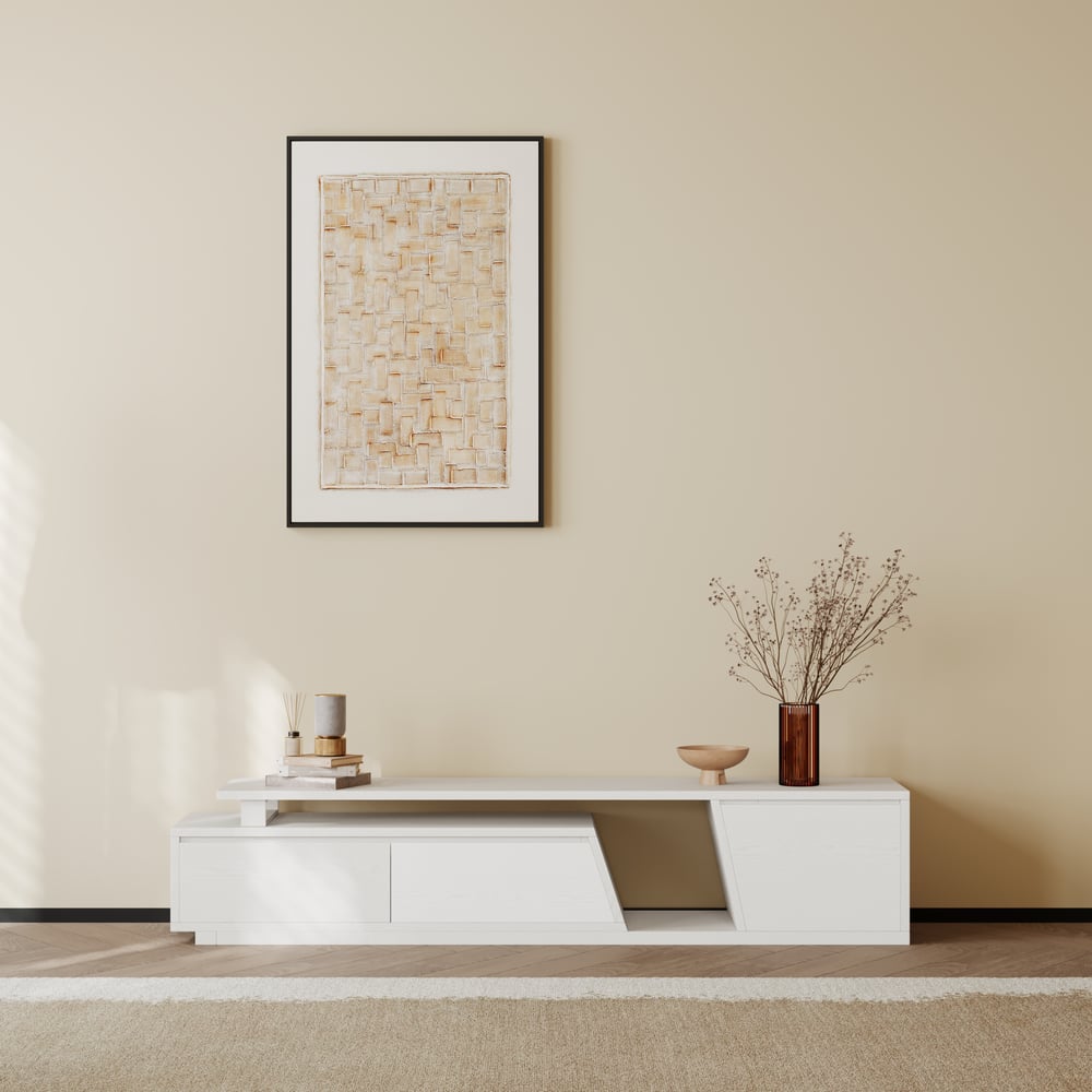 Fero White Extendable TV Stand with 3 Drawers(71"-120") window image