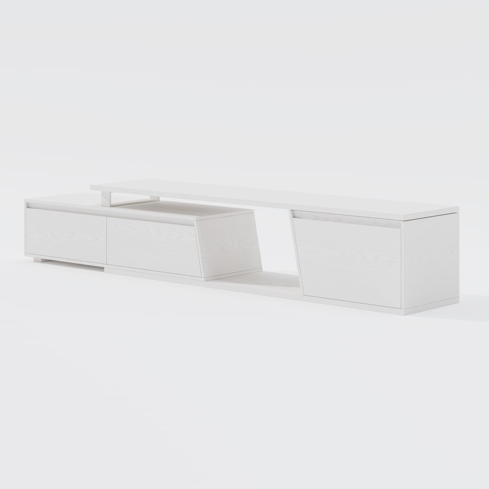 Fero White Reversible Extendable TV Stand with 3 Drawers(71"-120") window image