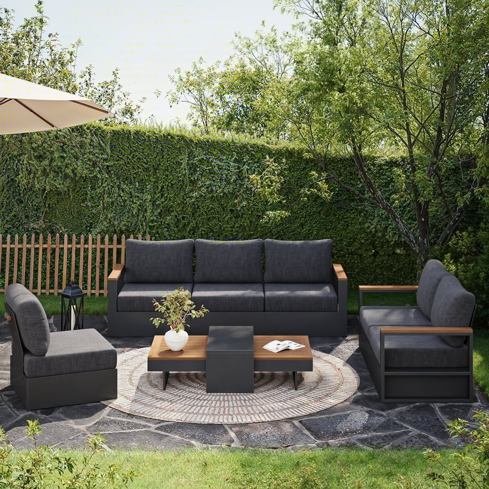 Axis 6-Person Outdoor Sofa Set with Wood & Aluminum Frame, Gray (4-Piece) window image