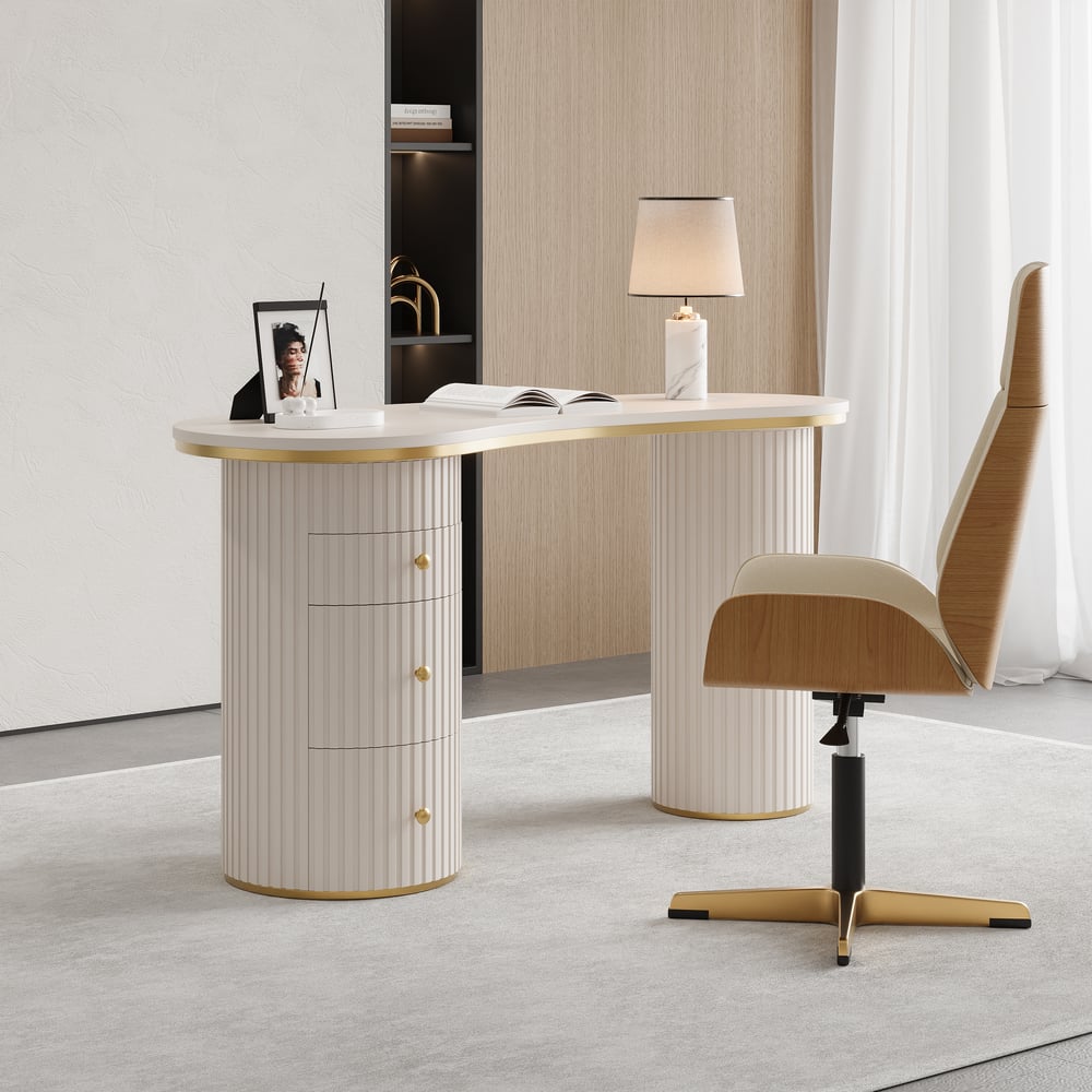 55.1" Modern Curved Wooden Office Desk with 3 Drawers, Warm White window image