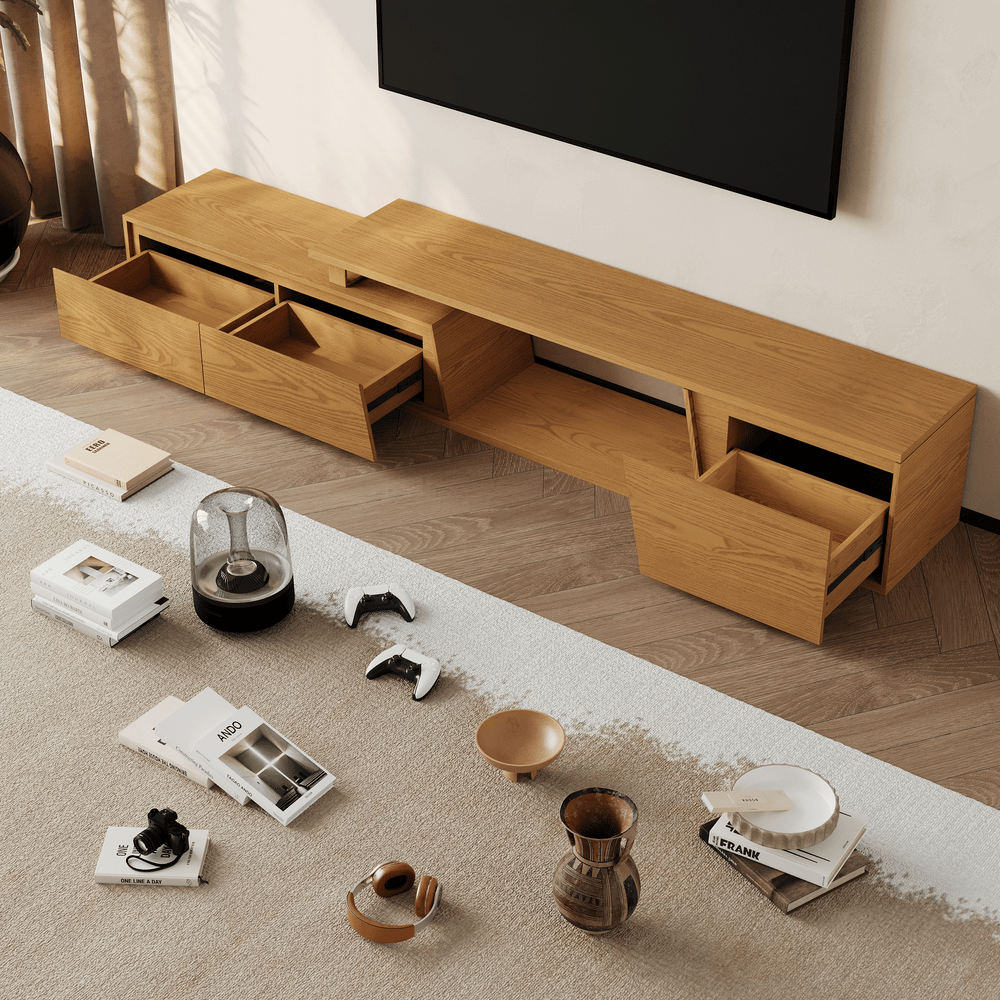 Fero Natural Reversible Extendable TV Stand with 3 Drawers(71"-120") window image