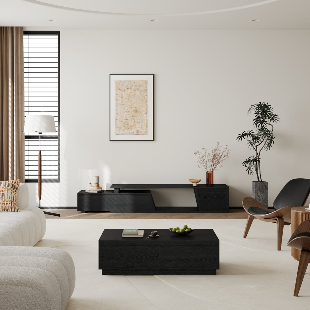 Fero Black Extendable TV Stand with 3 Drawers(71"-120") window image