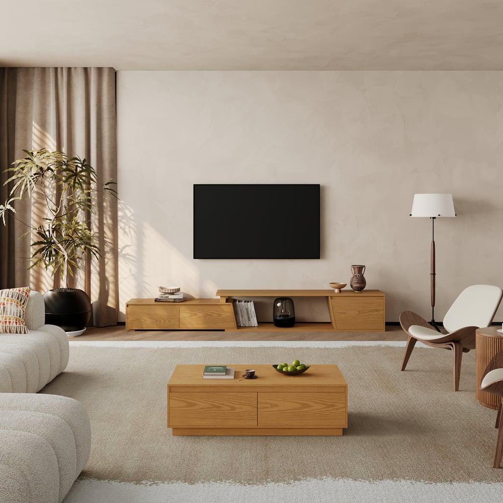 Fero Natural Reversible Extendable TV Stand with 3 Drawers(71"-120") window image