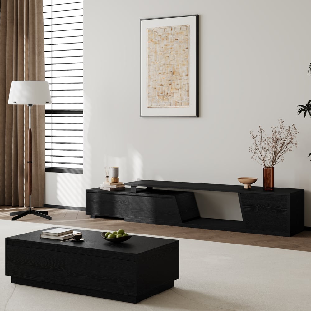 Fero Black Extendable TV Stand with 3 Drawers(71"-120") window image