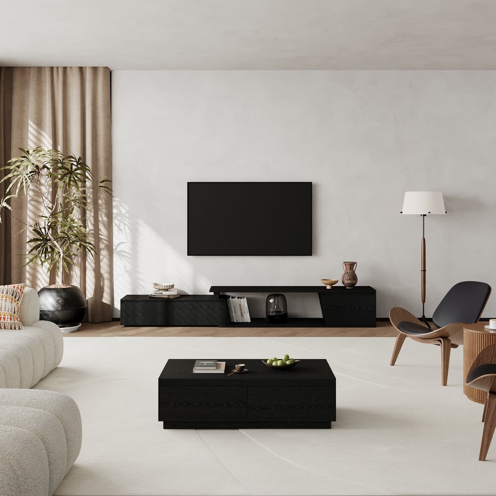 Fero Black Reversible Extendable TV Stand with 3 Drawers(71"-120") window image