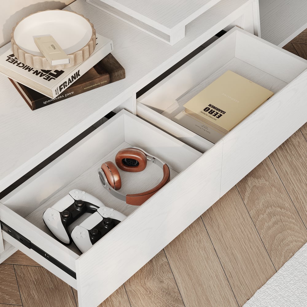 Fero White Reversible Extendable TV Stand with 3 Drawers(71"-120") window image