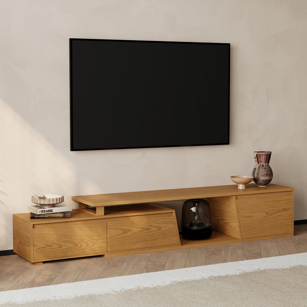 Fero Natural Reversible Extendable TV Stand with 3 Drawers(71"-120") window image