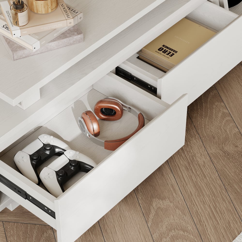 Fero White Extendable TV Stand with 3 Drawers(71"-120") window image