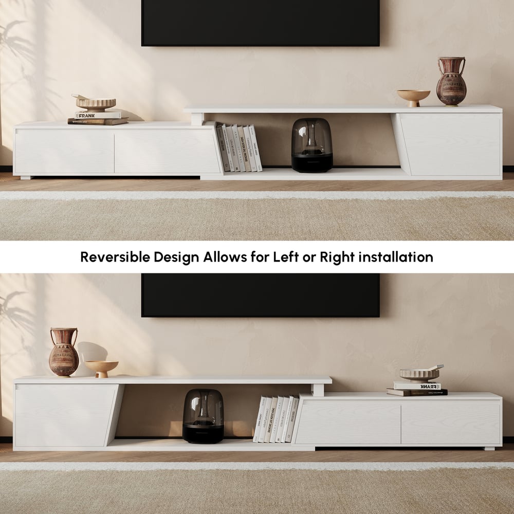 Fero White Reversible Extendable TV Stand with 3 Drawers(71"-120") window image