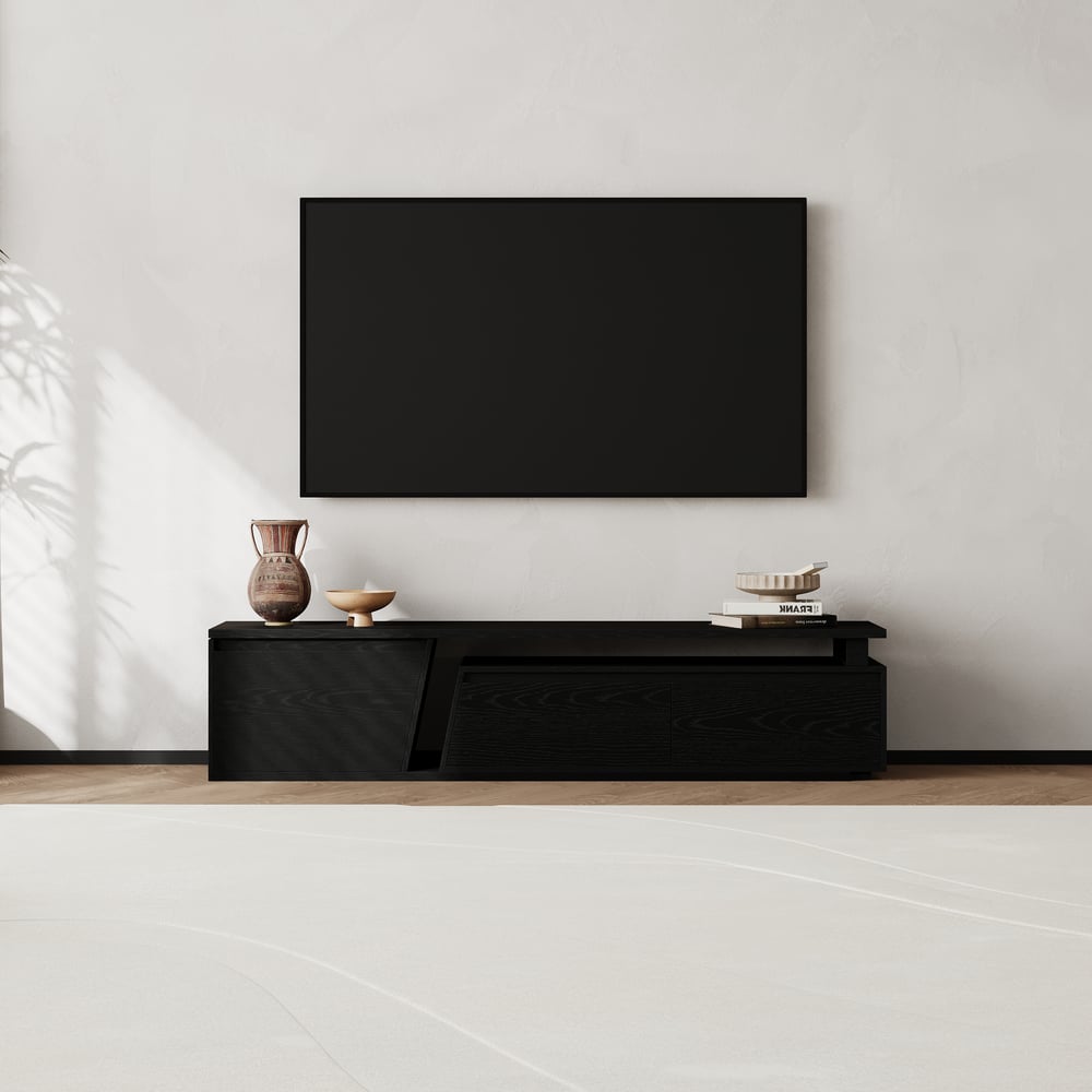 Fero Black Reversible Extendable TV Stand with 3 Drawers(71"-120") window image