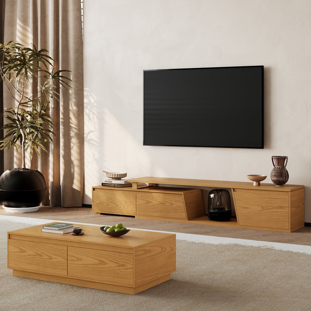 Fero Natural Reversible Extendable TV Stand with 3 Drawers(71"-120") window image