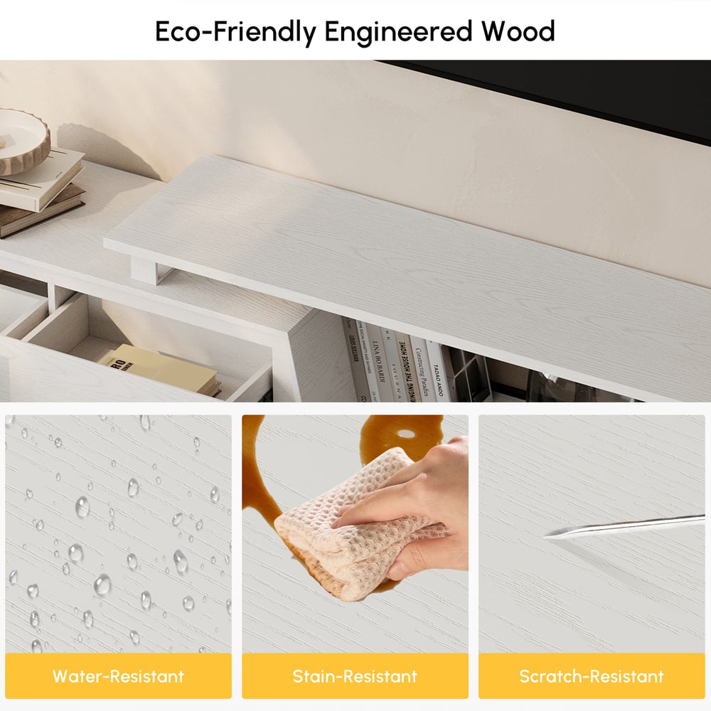 Fero White Reversible Extendable TV Stand with 3 Drawers(71"-120") window image