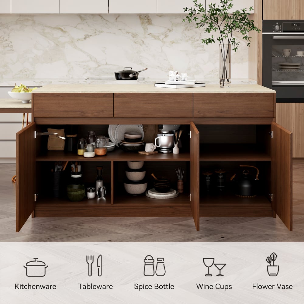 81"-106" Modern Extendable Sintered Stone Kitchen lsland Walnut with Doors and Drawers window image