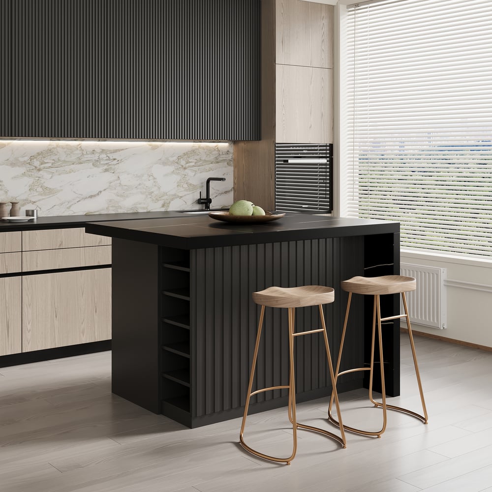 Grande isola da cucina nera da 1270 mm con ripostiglio, piano impiallacciato in marmo Immagine della finestra