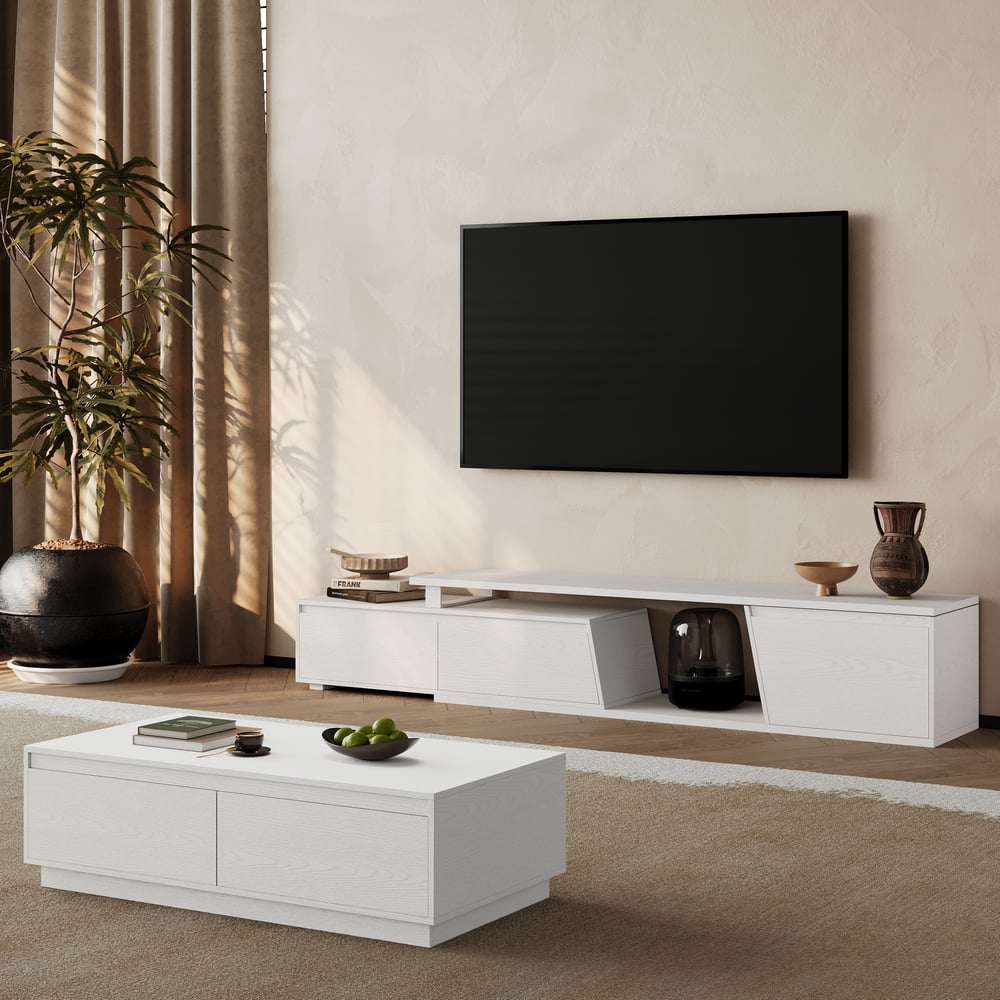 Fero White Reversible Extendable TV Stand with 3 Drawers(71"-120") window image