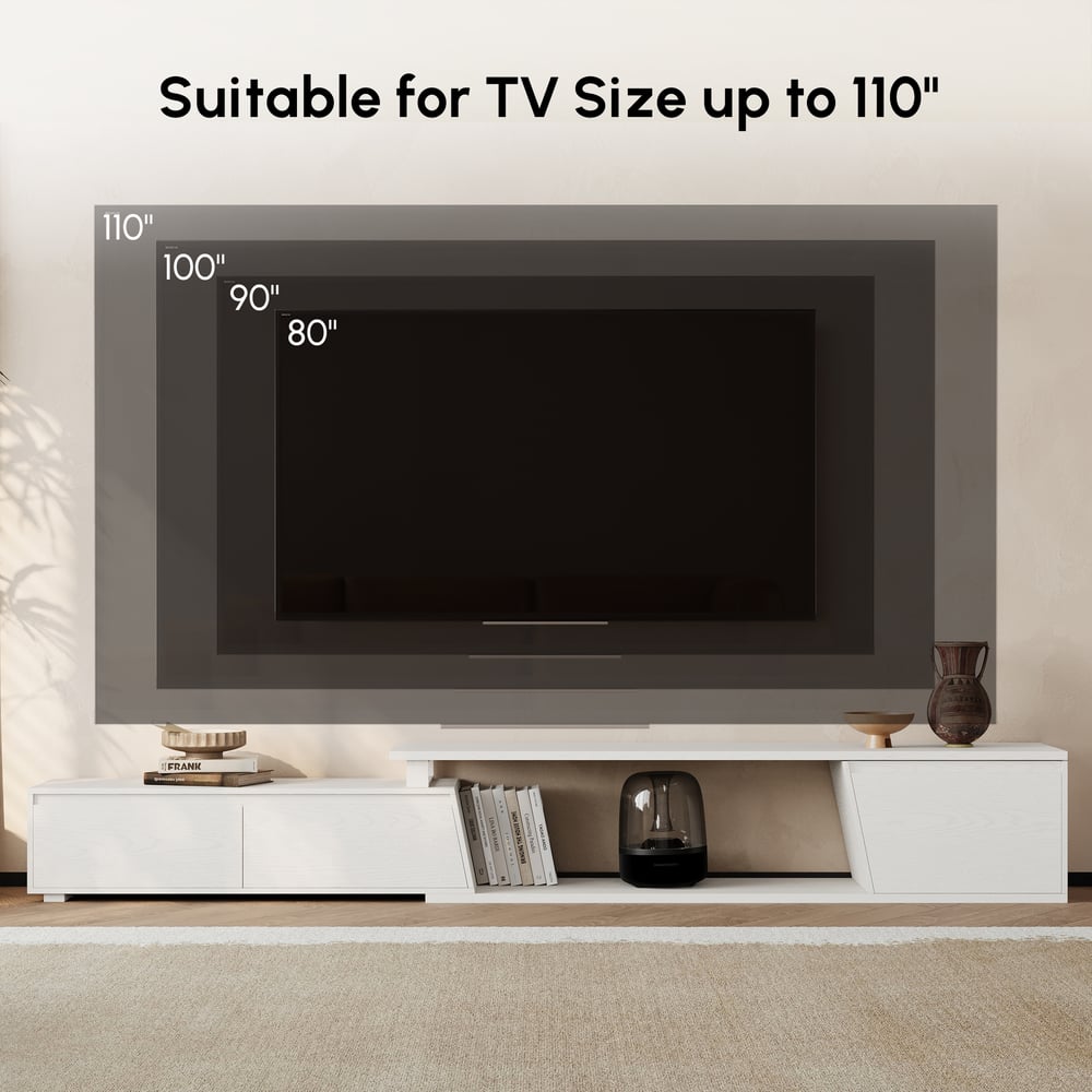 Fero White Reversible Extendable TV Stand with 3 Drawers(71"-120") window image