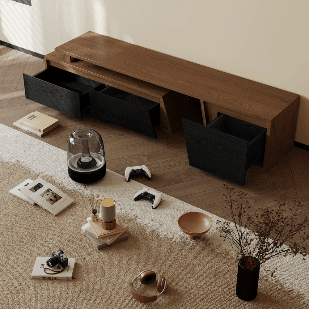 Fero Black & Walnut Extendable TV Stand with 3 Drawers(71"-120") window image