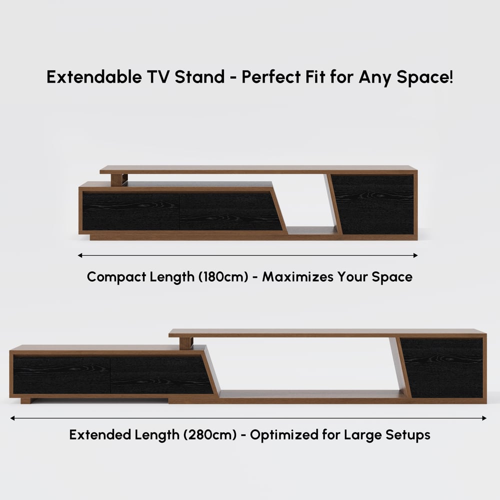 Fero Black & Walnut Extendable TV Stand with 3 Drawers(71"-120") window image