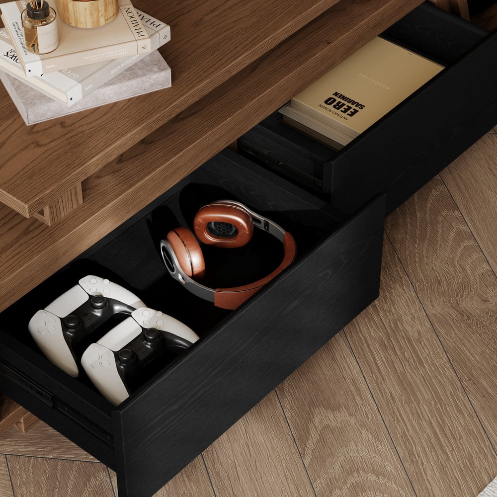 Fero Black & Walnut Extendable TV Stand with 3 Drawers(71"-120") window image