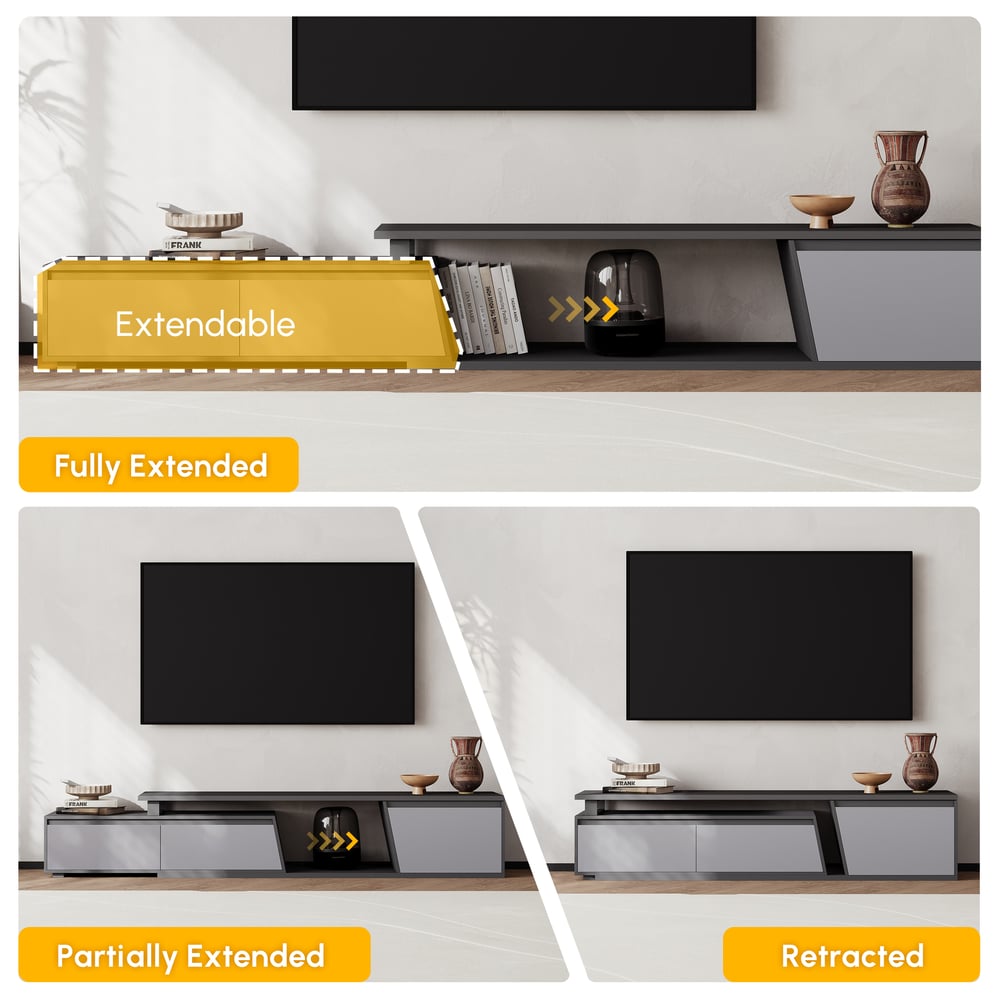 Fero Gray Reversible Extendable TV Stand with 3 Drawers(71"-120") window image