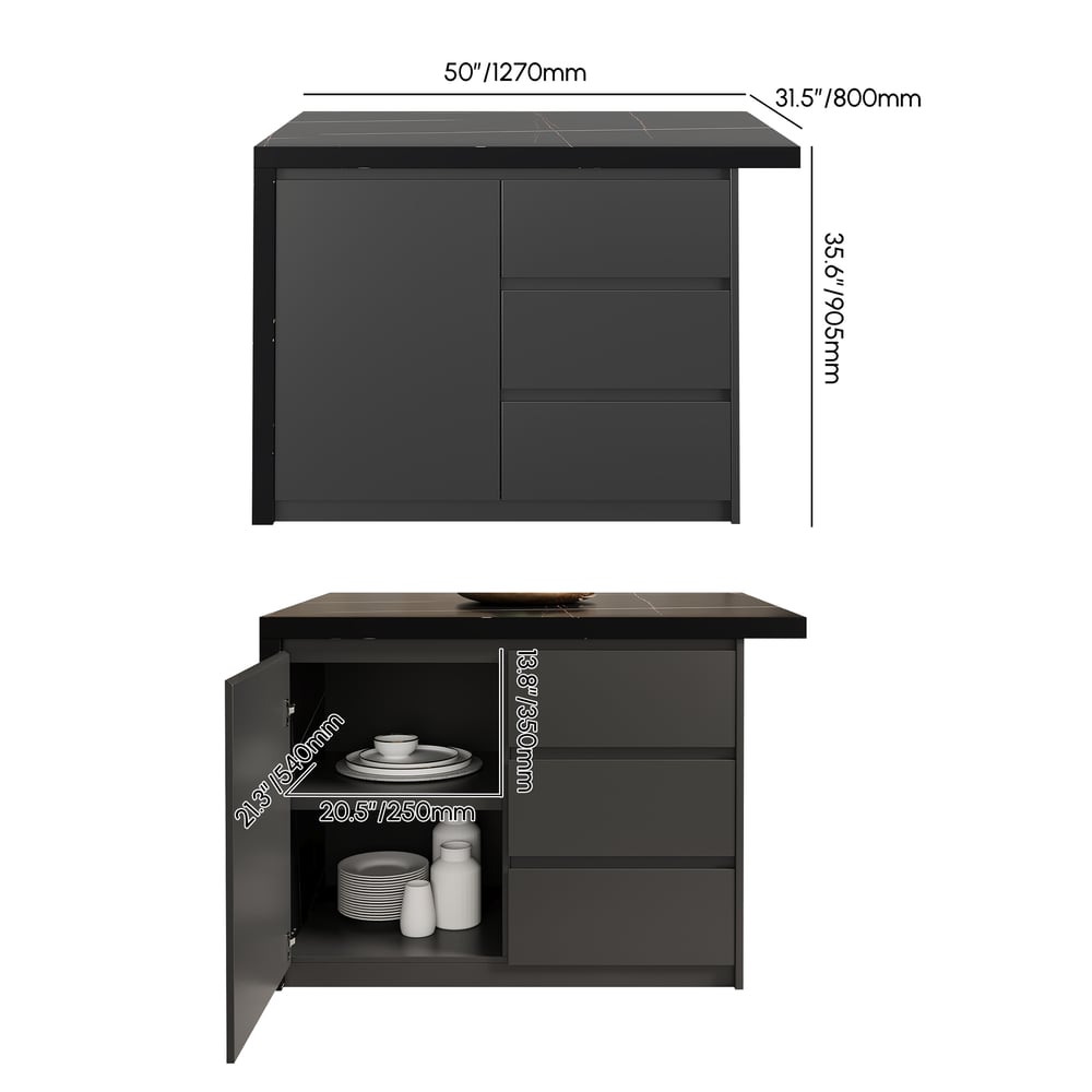 Grande isola da cucina nera da 1270 mm con ripostiglio, piano impiallacciato in marmo Immagine con pesi e dimensioni