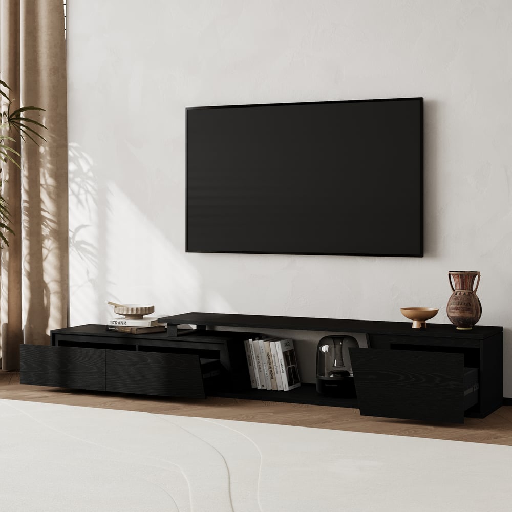 Fero Black Reversible Extendable TV Stand with 3 Drawers(71"-120") window image