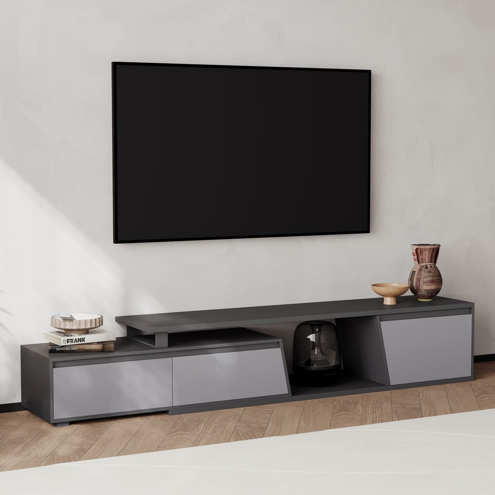 Fero Gray Reversible Extendable TV Stand with 3 Drawers(71"-120") window image