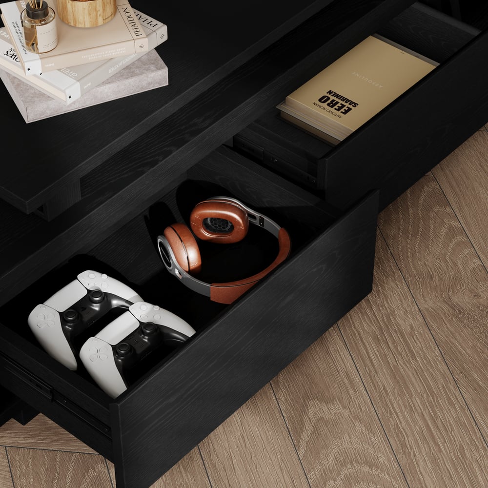 Fero Black Extendable TV Stand with 3 Drawers(71"-120") window image