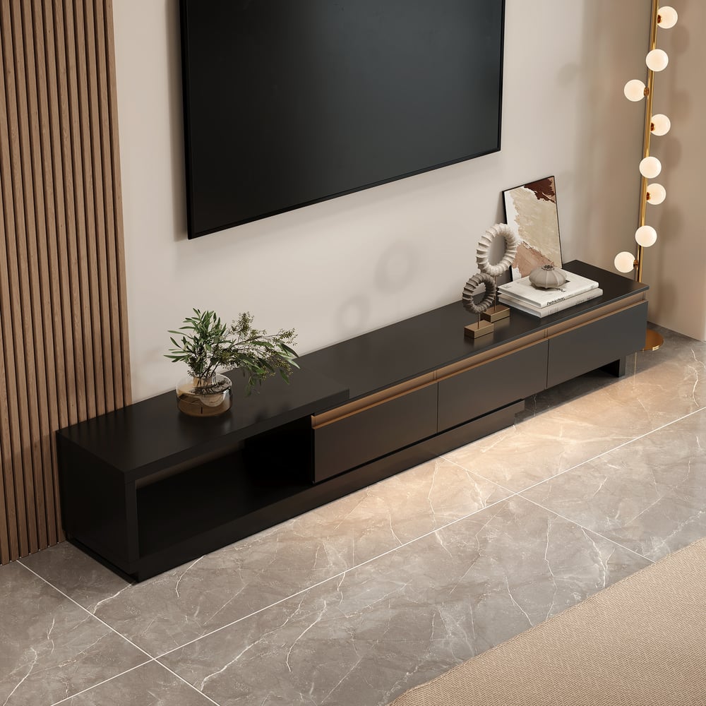 Quoint Extendable TV Stand with 3 Drawers and Light(71"-100") window image