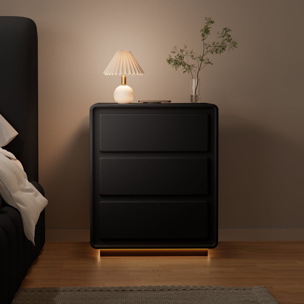 Modern 3-drawer off-white MDF Nightstand with USB and Lighting window image