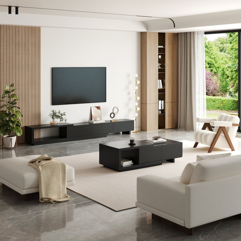 Quoint Extendable TV Stand with 3 Drawers(71"-100") window image