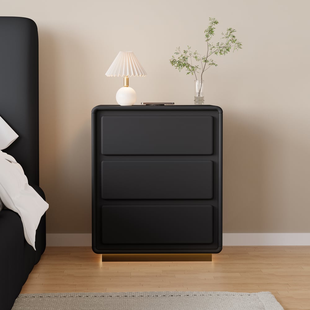 Modern 3-drawer off-white MDF Nightstand with USB and Lighting window image