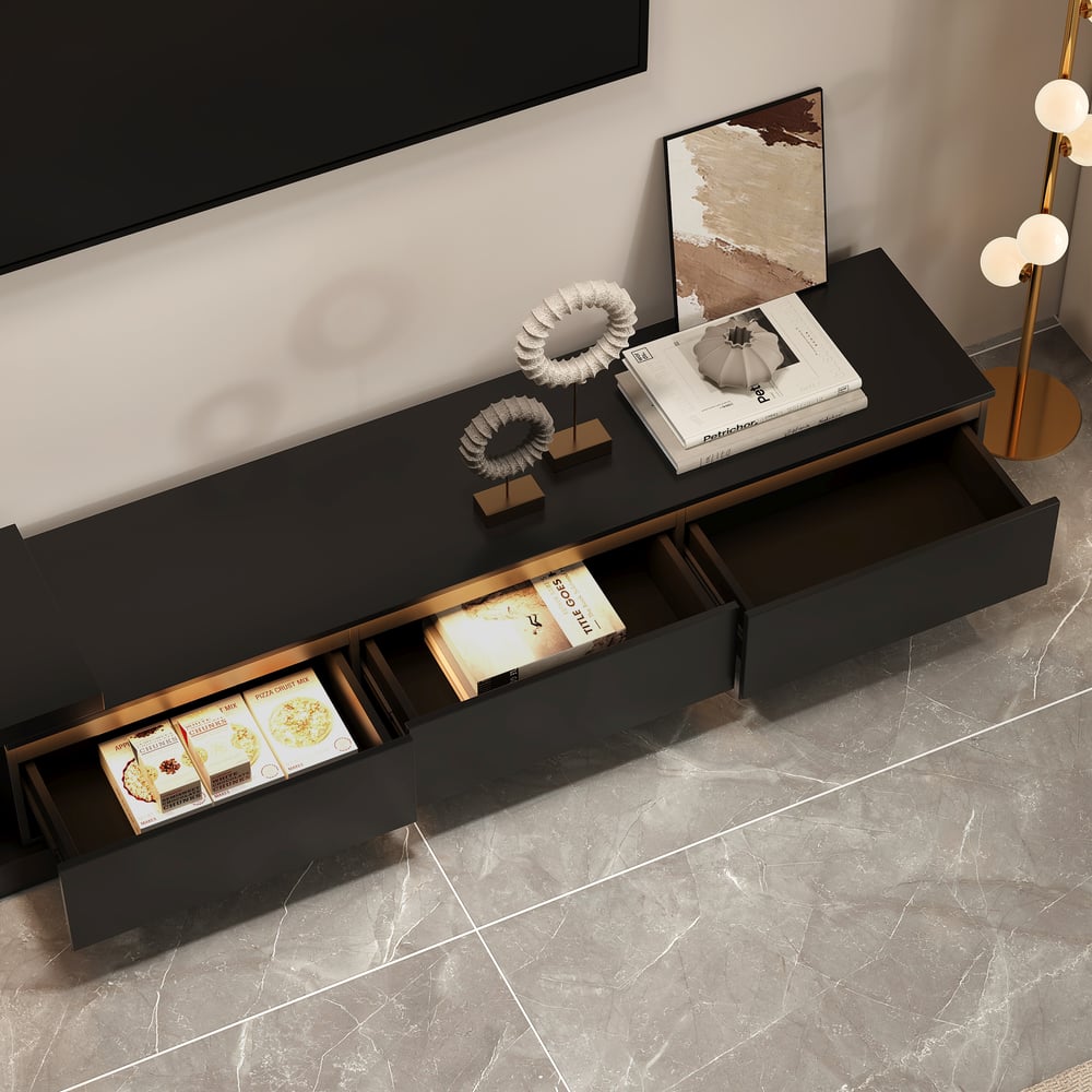 Quoint Extendable TV Stand with 3 Drawers and Light(71"-100") window image