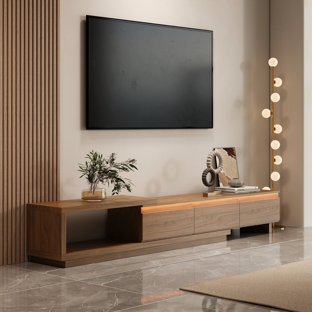 Quoint Extendable TV Stand with 3 Drawers and Light(71"-100") window image