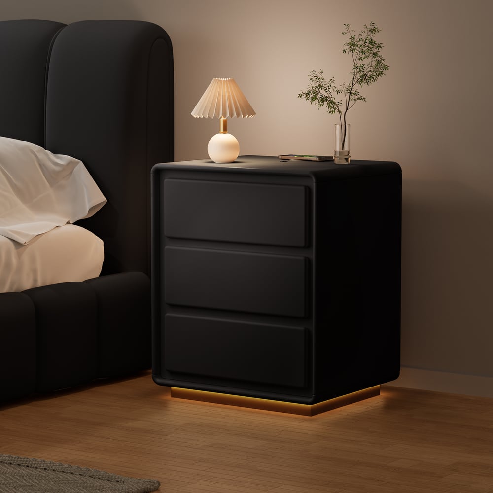 Modern 3-drawer off-white MDF Nightstand with USB and Lighting window image