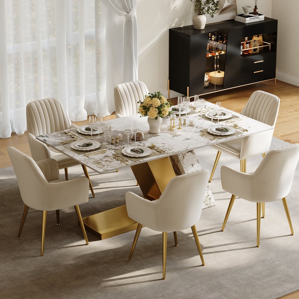 Dining Set 71" Modern Rectangle Sintered Stone Dining Table Gold with 6 Chairs window image