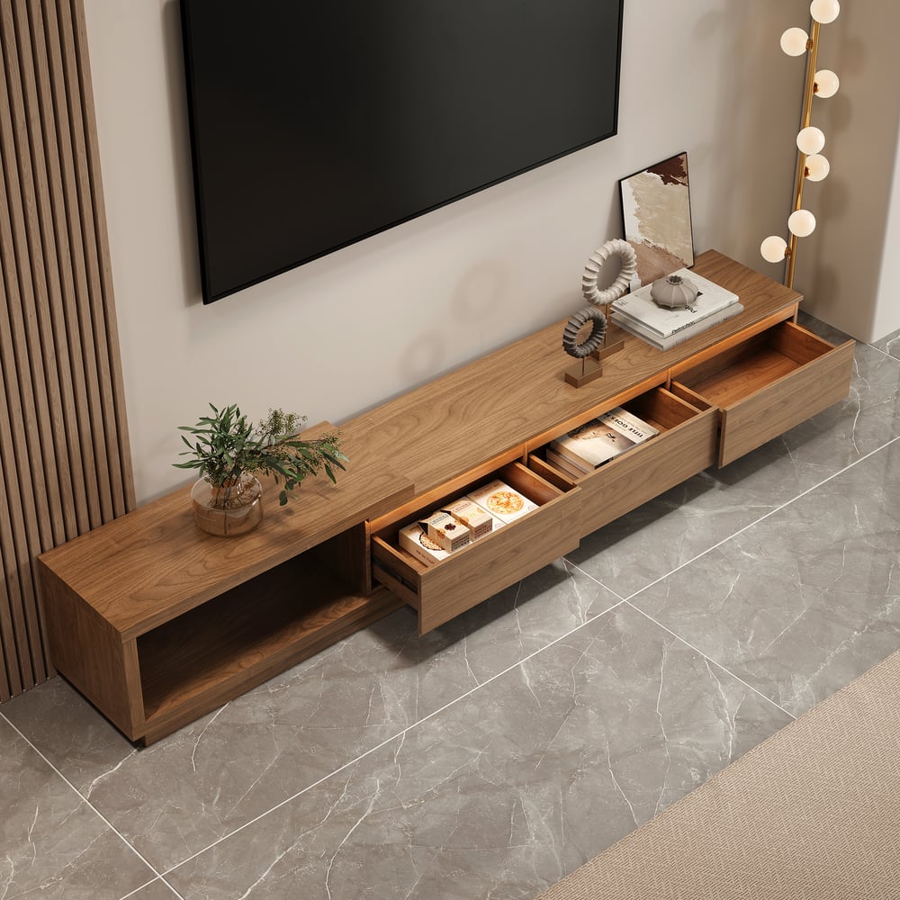 Quoint Extendable TV Stand with 3 Drawers and Light(71"-100") window image