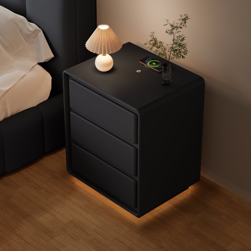 Modern 3-drawer off-white MDF Nightstand with USB and Lighting window image
