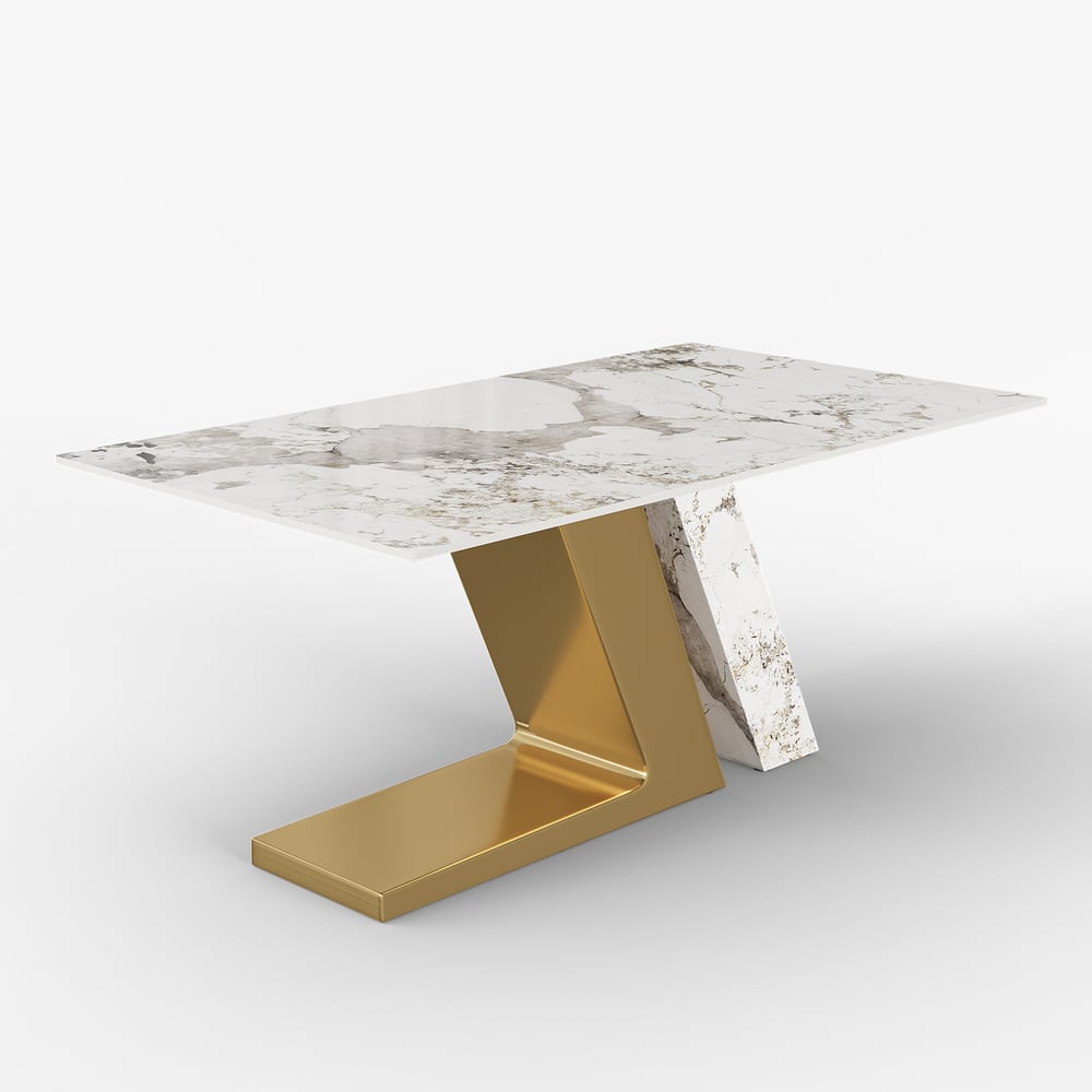 Dining Set 71" Modern Rectangle Sintered Stone Dining Table Gold with 6 Chairs window image