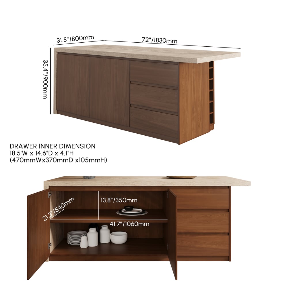 1830mm kuchyňské ostrovy Mramorový dýhovaný vrchní ořech moderní s úložnou kuchyňskou skříňkou váhy a rozměry obrázku