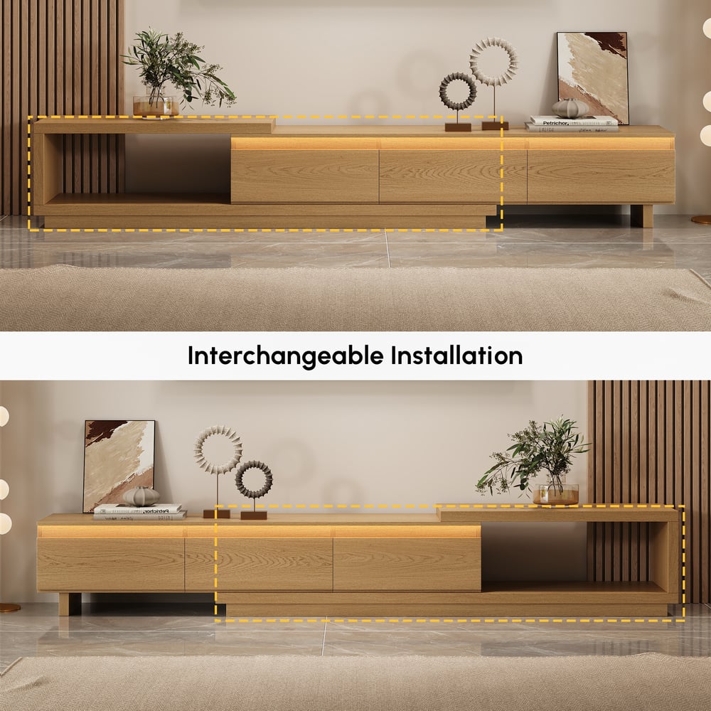 Quoint Extendable TV Stand with 3 Drawers and Light(71"-100") window image