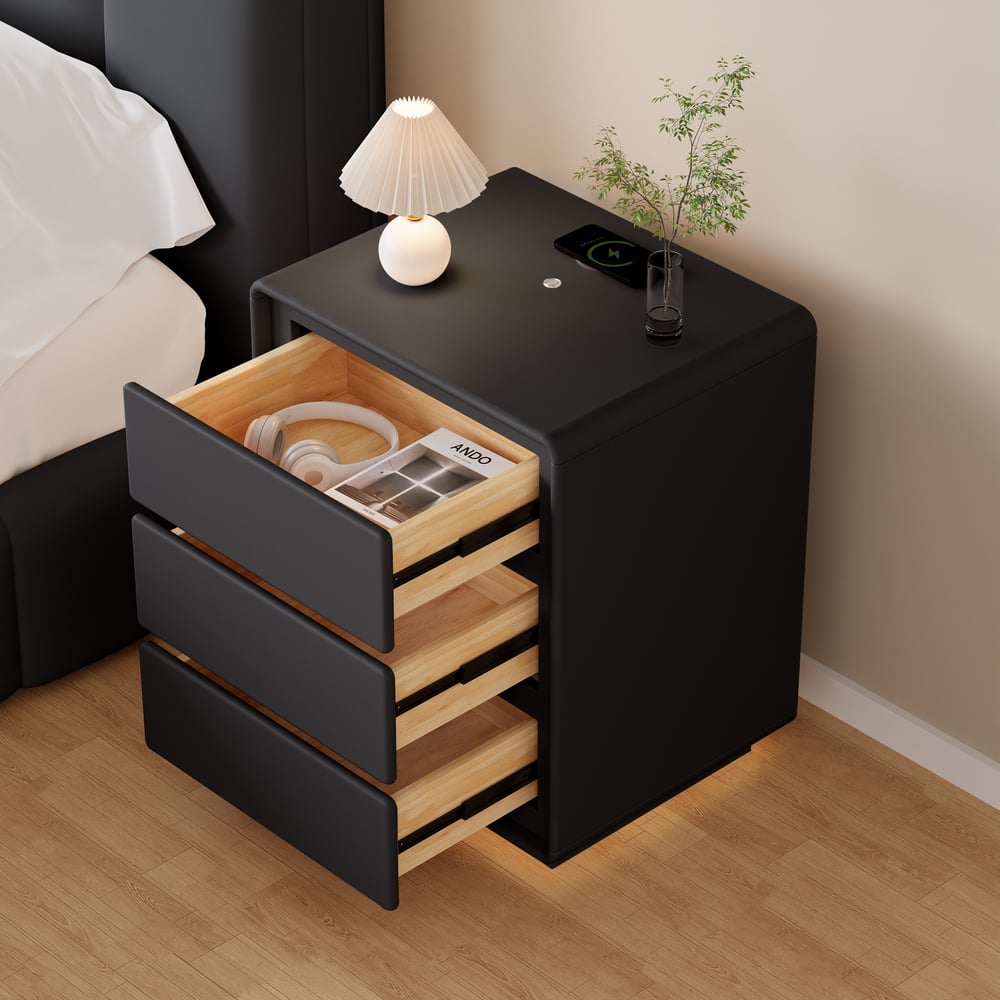 Modern 3-drawer off-white MDF Nightstand with USB and Lighting window image
