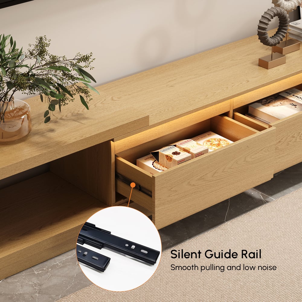 Quoint Extendable TV Stand with 3 Drawers and Light(71"-100") window image